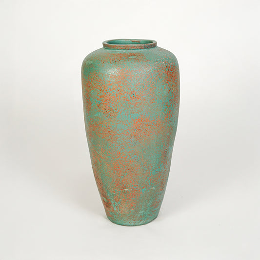 Tall rustic turquoise and bronze floor vase for statement home decor and elegant modern interior design style.
