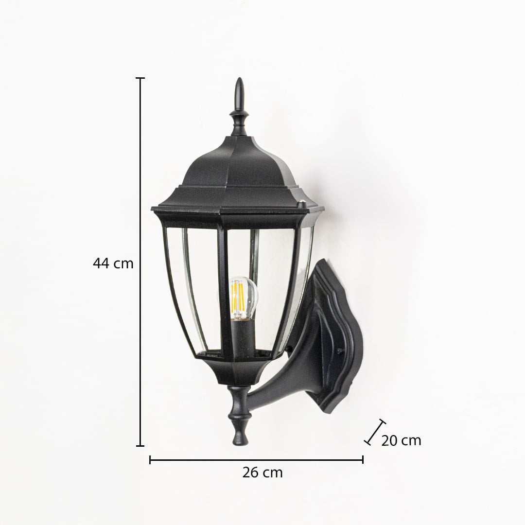 Black outdoor wall lantern 44cm height 20cm width upward facing dimension image showing vintage coach style exterior fixture.