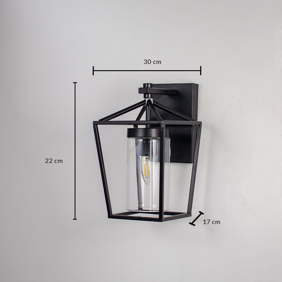 Black metal outdoor wall light dimension image with 27 cm height and clear glass shade for exterior decor.