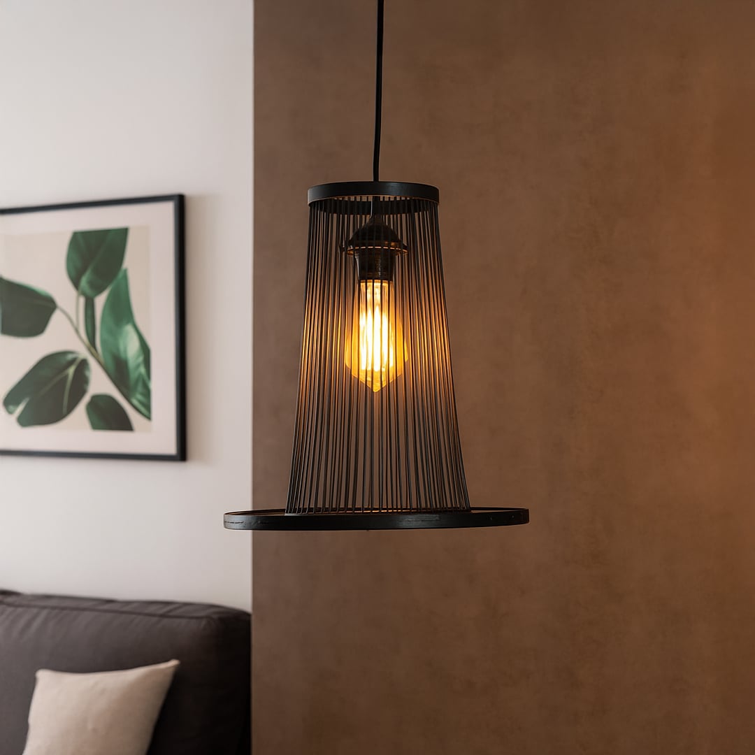 Black wire pendant light beside bed creating cozy ambient lighting with industrial elegance.