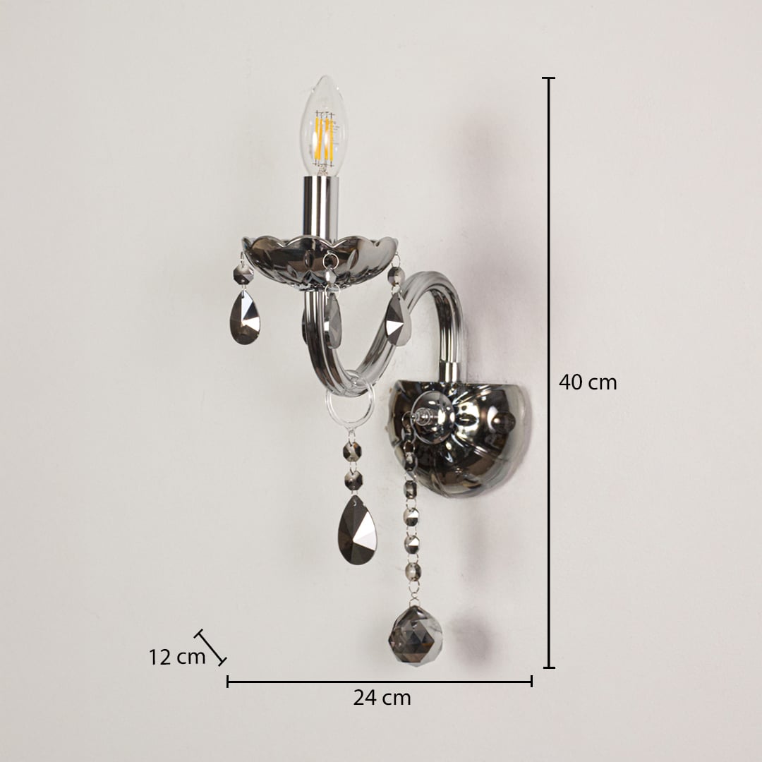 Wall light with chrome metal frame and dark crystal droplets shown with 40 cm height and 24 cm width and 12 cm depth for accurate placement.
