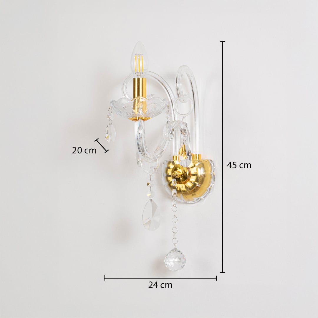 Crystal wall light with golden base size 45cm height 24cm width 20cm depth displayed with dimensions on background.