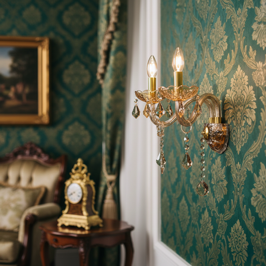 Gold metal crystal wall light lifestyle image in vintage interior with elegant wallpaper and classic luxury decor.