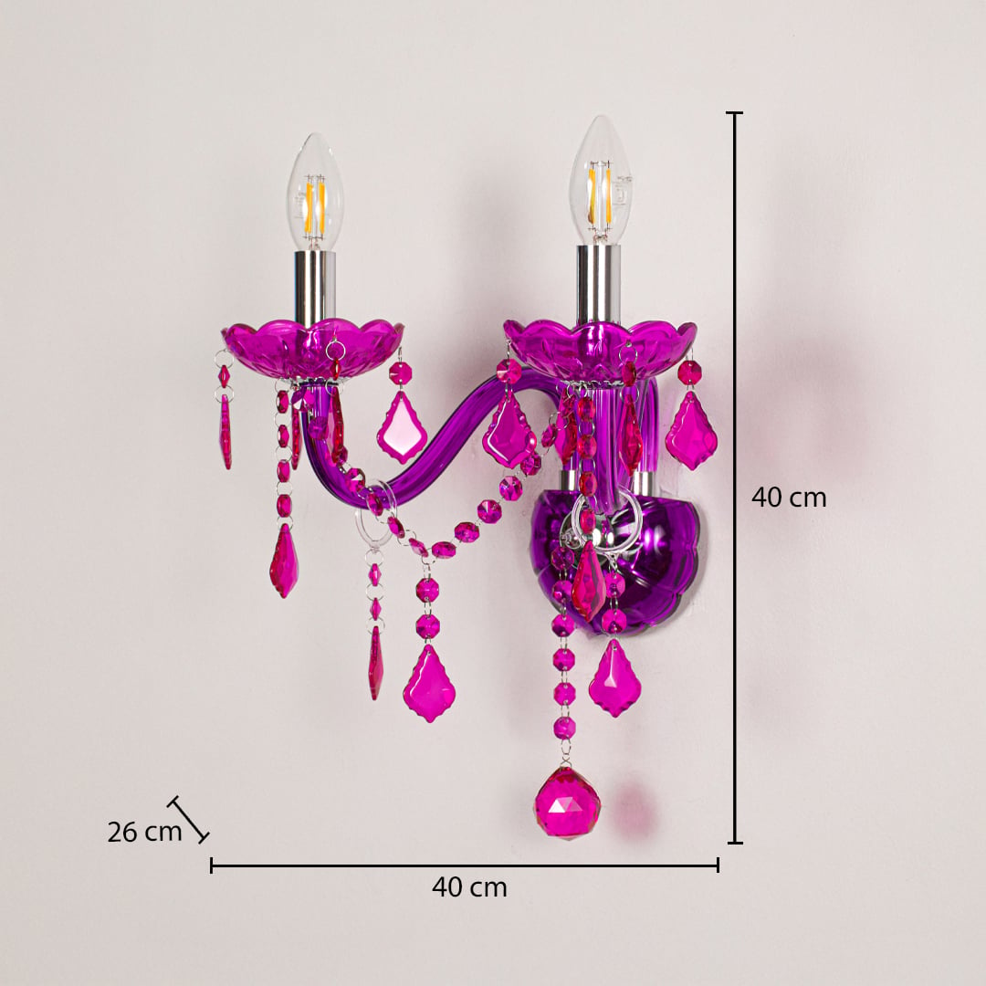 Wall light with bright pink acrylic frame and crystal droplets shown with 40 cm height and 40 cm width and 26 cm depth for accurate placement.
