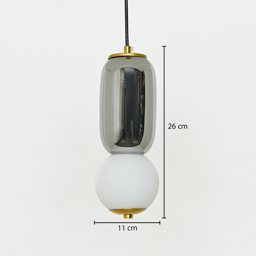 Smoky glass and brass pendant light dimension image with 11 cm width and 26 cm height for modern bedside placement.