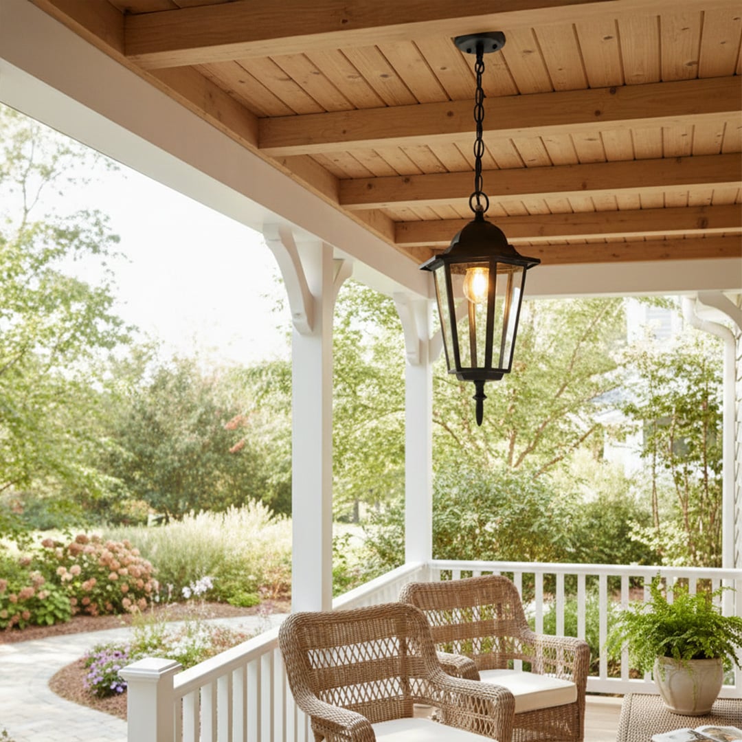 Classic black metal hanging lantern light illuminating stylish outdoor porch seating with cozy ambiance.
