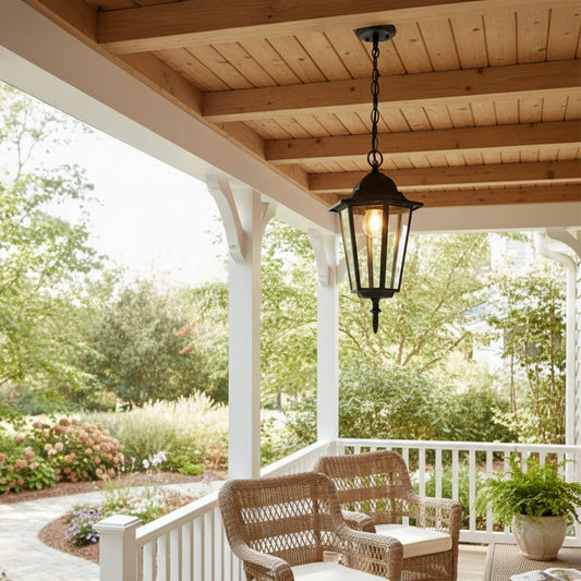 Classic black metal hanging lantern light illuminating stylish outdoor porch seating with cozy ambiance.