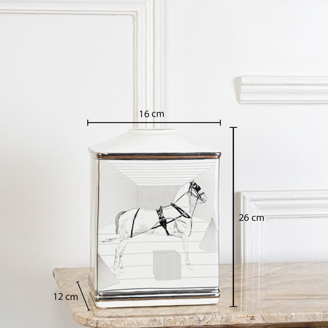 Clear square jar with black horse figurine inside in a front view measuring 16.5 cm width and 26 cm height ideal for modern display décor.