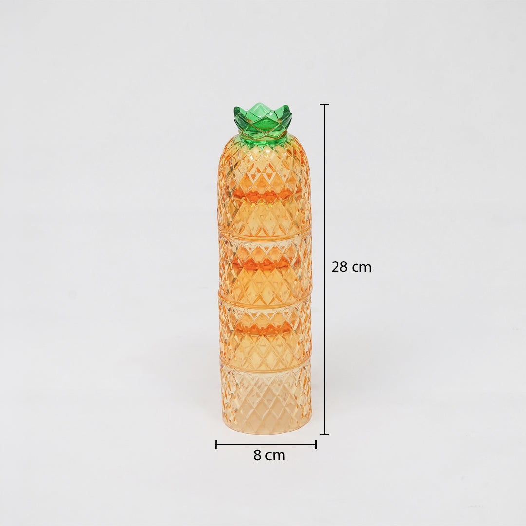 An orange pineapple-shaped glass container with a green textured top, shown on a white background with dimension lines indicating a height of 28 cm and a width of 8 cm.