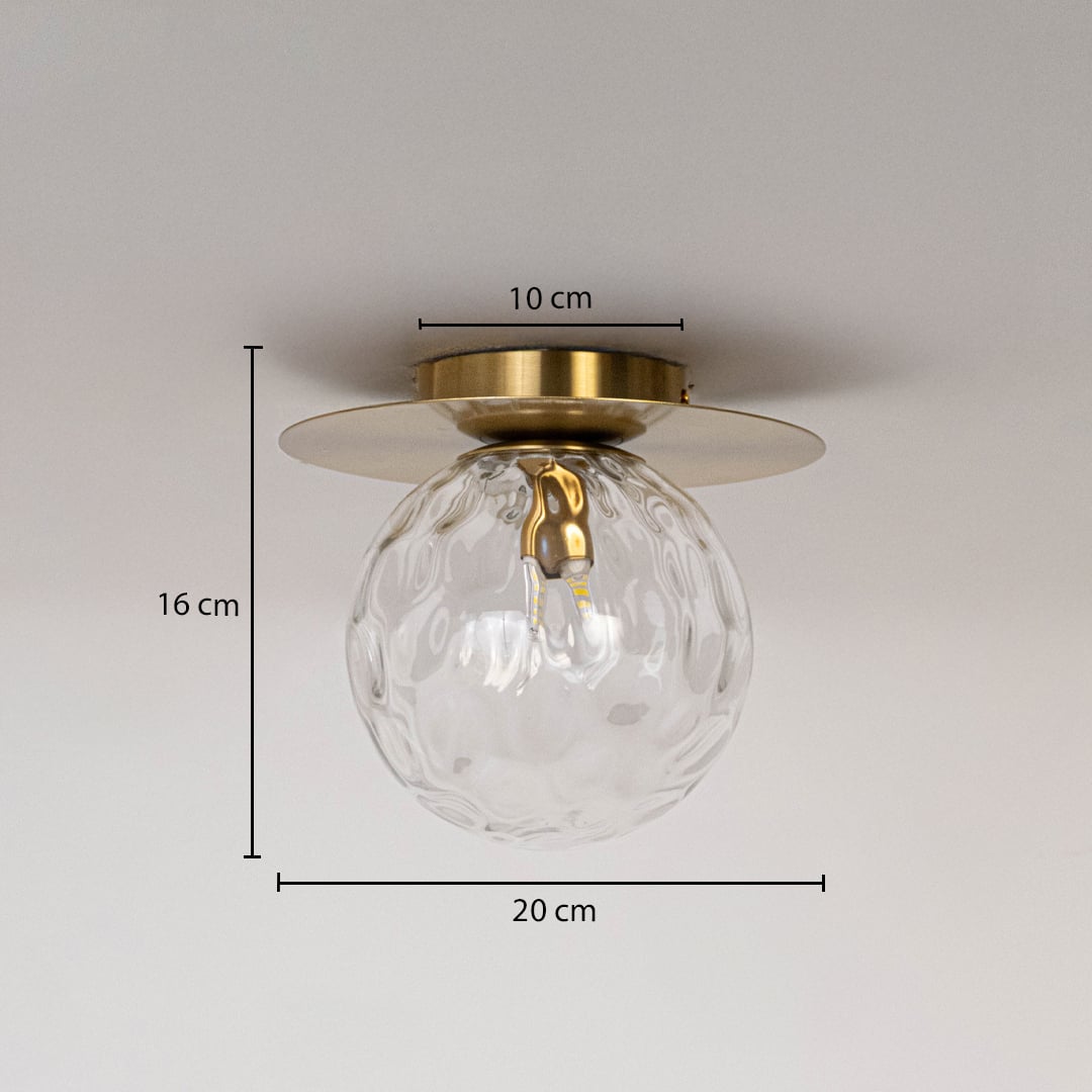 Gold ceiling light with textured glass globe shown with dimensions 20cm width and 16cm height for modern ceiling decor.