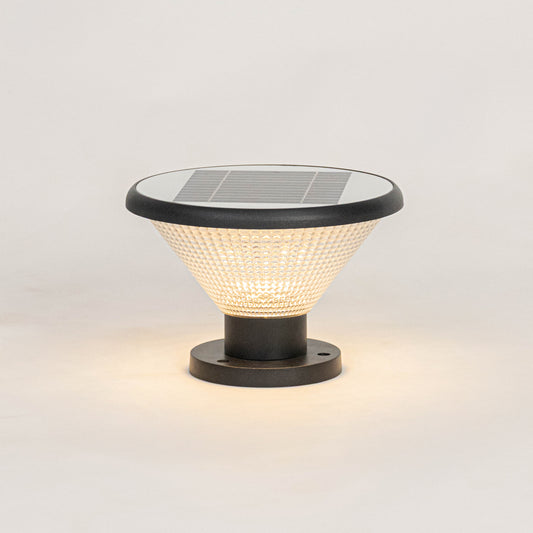 Modern black solar outdoor gate light with textured glowing panels for stylish exterior decor use.