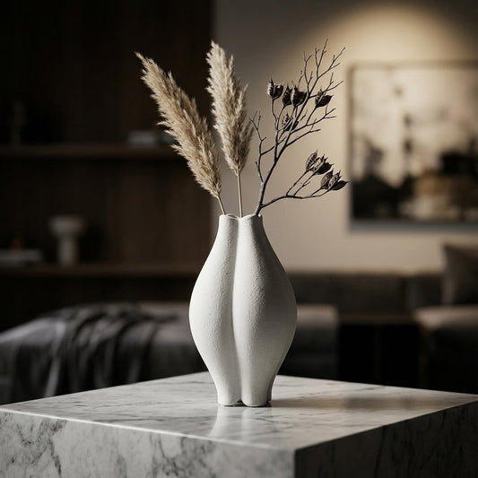 White ceramic decorative flower vase placed on marble table with dried flowers modern luxury home decor styling idea.