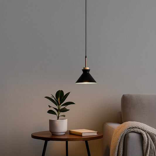 Black conical pendant light with wooden accent hanging above side table in modern living room for stylish home ceiling lighting decor.