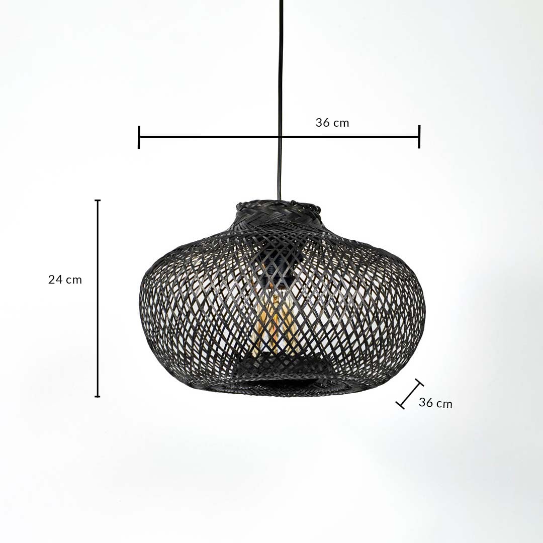 Dimension image of black woven bamboo mesh pendant light with bulb socket fixture showing 24 cm height and 36 cm width.