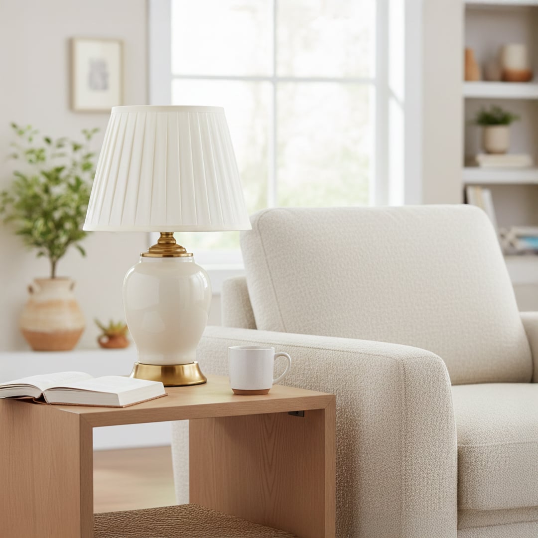 Ivory ceramic table lamp with smooth glazed body gold metal base and pleated fabric shade styled on bedside or side table.