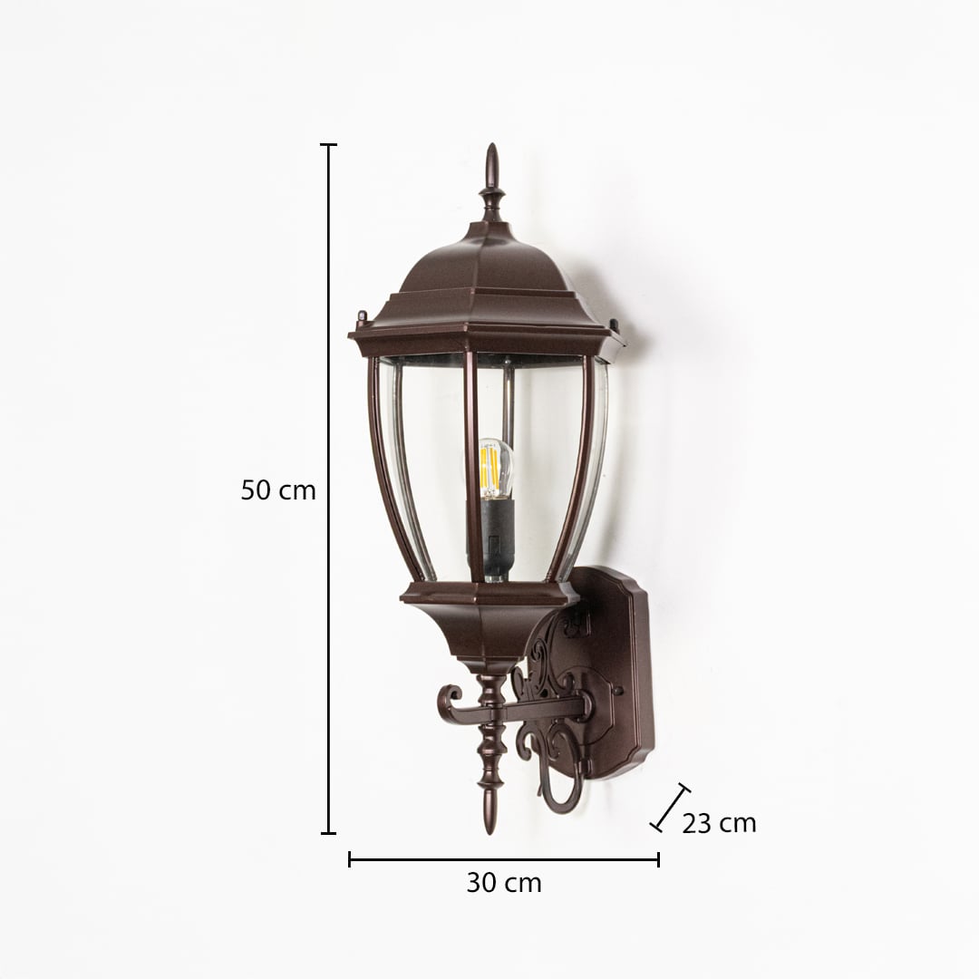Outdoor wall lantern dimensions showing height 50 cm width 30 cm and wall projection depth 23 cm clearly for installation reference.