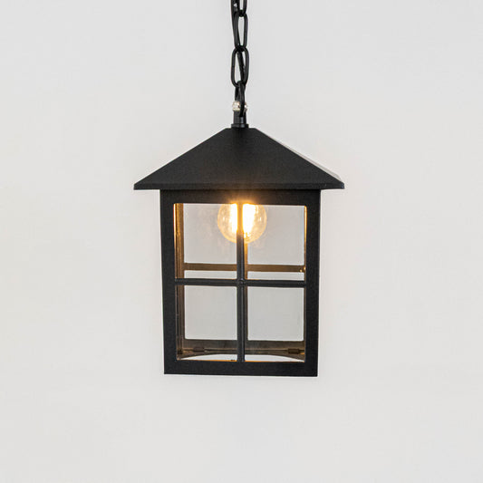 Elegant black metal box hanging lantern light with clear glass panels for modern outdoor lighting decor.