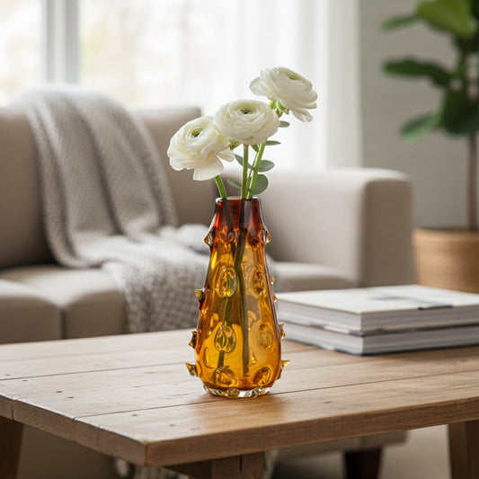 Amber art glass vase styled on living room table modern decorative glass accent for console shelf or center table styling home.