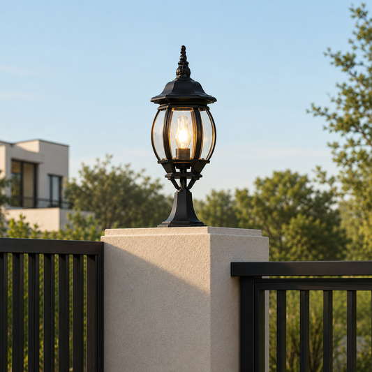 Ornate black iron globe glass pillar post lantern light on concrete fence pillar for luxury residential home driveway entry.