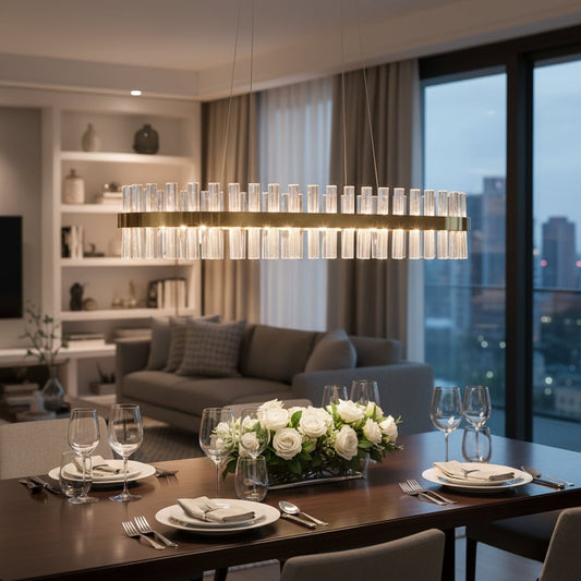 Gold metal chandelier with clear crystal rods glowing above a modern dining table creating a luxurious warm and elegant atmosphere in a contemporary home interior.