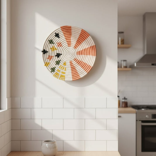 Handcrafted round wall decor with multicolor pattern mounted on tiled kitchen wall adding artistic charm and vibrant accent to modern interior.