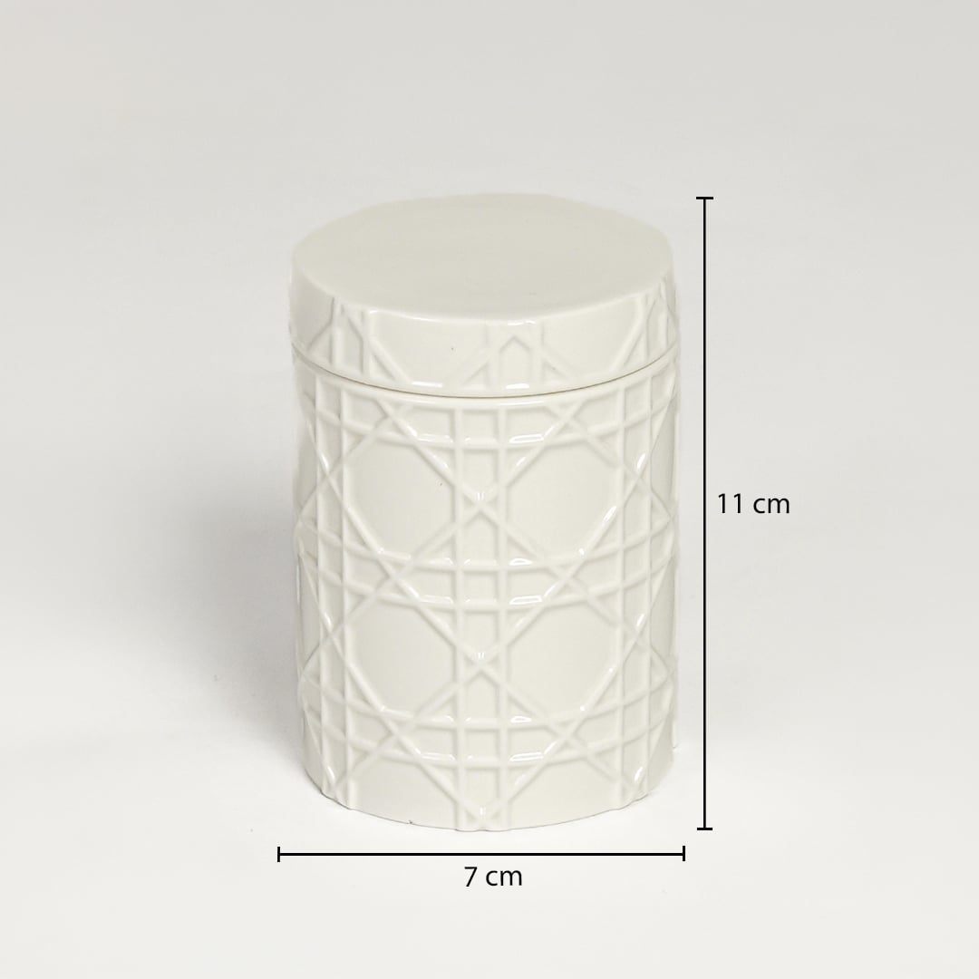 White ceramic textured candle holder measuring 11 cm height and 7 cm width ideal for modern tabletop decor styling.