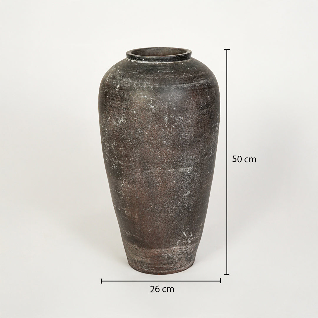 Dimension image of grey ceramic floor vase for elegant home decor styling with textured matte finish.