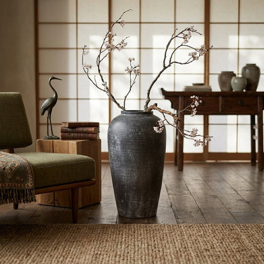 Black textured floor vase with dried branches placed indoors for rustic modern home decor styling.