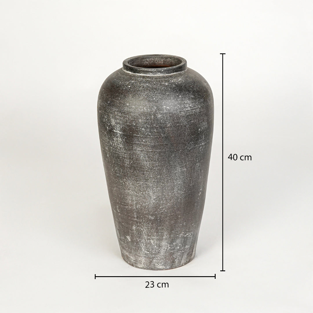 Dimension image of grey ceramic floor vase for modern home decor styling with rustic textured finish.