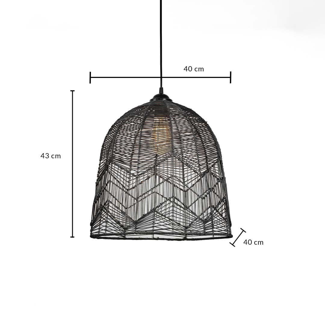 Woven black bamboo pendant light dimension image showing 43 cm height and 40 cm width for clear size view.