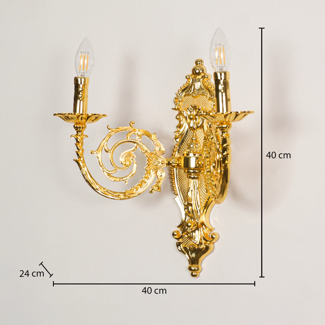 Wall light with polished gold metal frame shown with 40 cm height and 40 cm width and 24 cm depth for accurate placement.