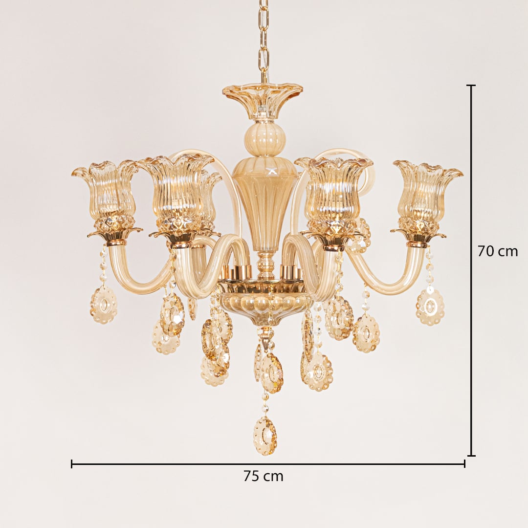 Golden glass crystal chandelier sized 70 cm height and 75 cm width ideal for elegant living room or dining room ceilings.