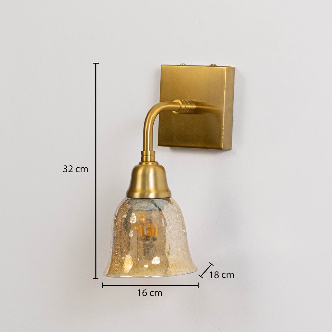 Gold metal wall light with crackle glass shade measuring 32 cm height 16 cm width and 18 cm projection for walls.
