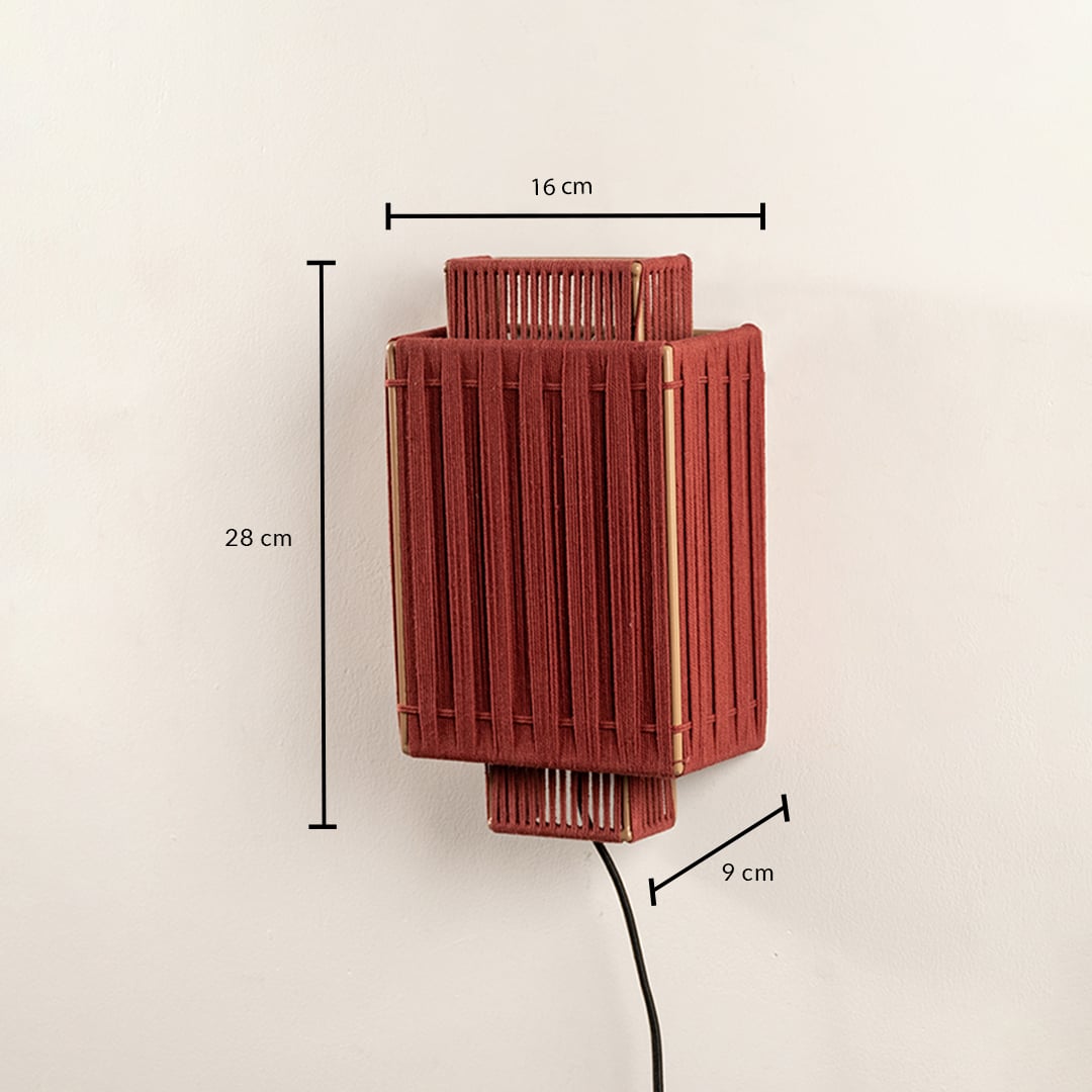 Wall mounted wooden light fixture shown with size details measuring 28 cm height 16 cm width and 9 cm depth highlighting compact modern design.