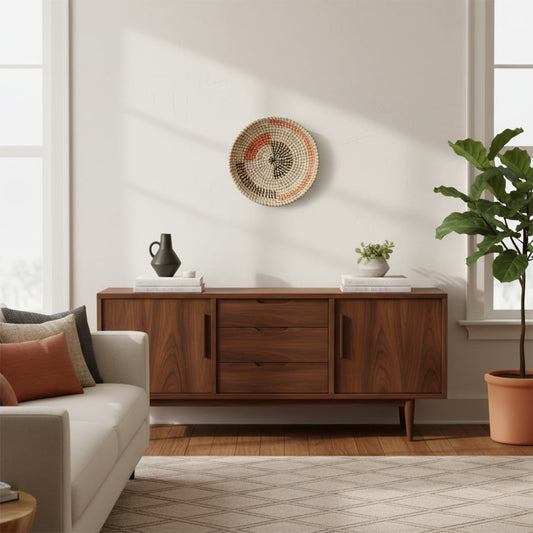 Textured wall basket decor styled above wooden console shelf enhancing cozy living room aesthetic with handcrafted detail and warm natural materials.