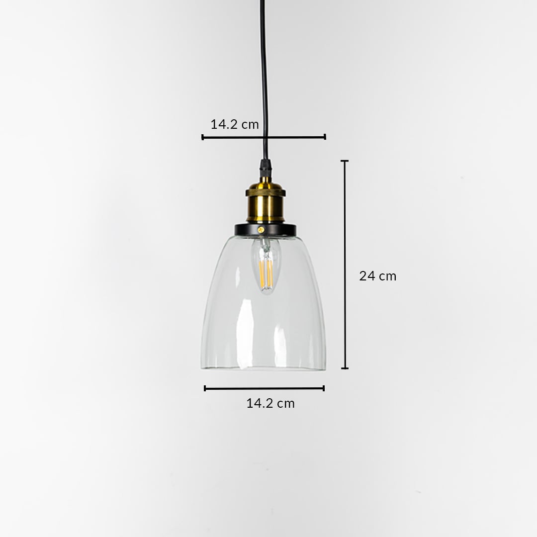 Clear glass pendant light with brass holder shown with 24cm height and 14.2cm width for modern interiors.