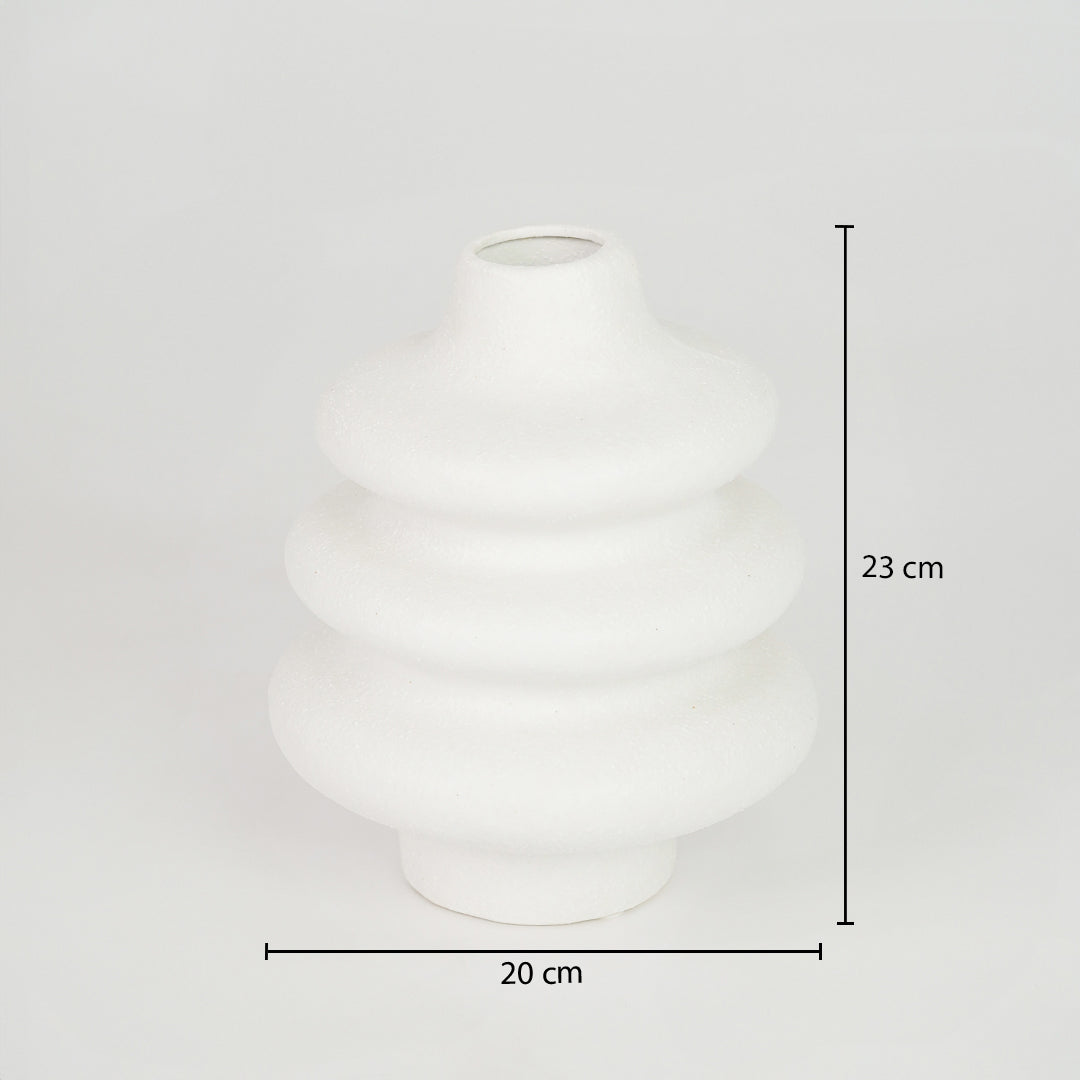 White textured ceramic vase dimension image with 23 cm height and 18 cm width for elegant shelf decor.