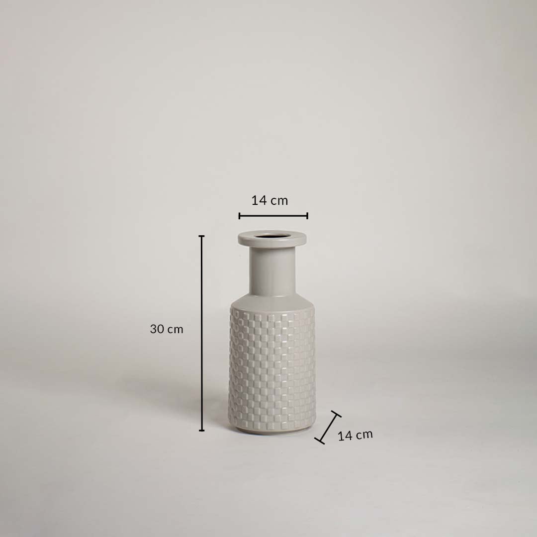 Light grey textured ceramic vase with 30 cm height and 14 cm width shown clearly for accurate home decor size reference.