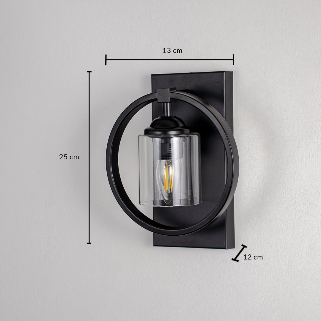 Round black metal wall light with glass diffuser showing 25 cm height 20 cm width and 11 cm projection for exterior walls.
