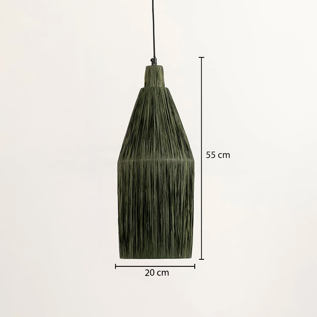 An olive green textured pendant light with dimension markings showing a height of 55 cm and a width of 20 cm, against a plain white background.