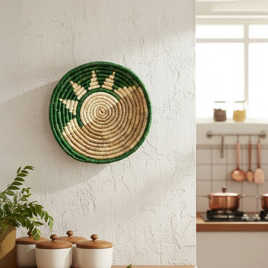 Green and beige bamboo wall plates displayed above cream sofa adding rustic charm to modern minimalist living room.