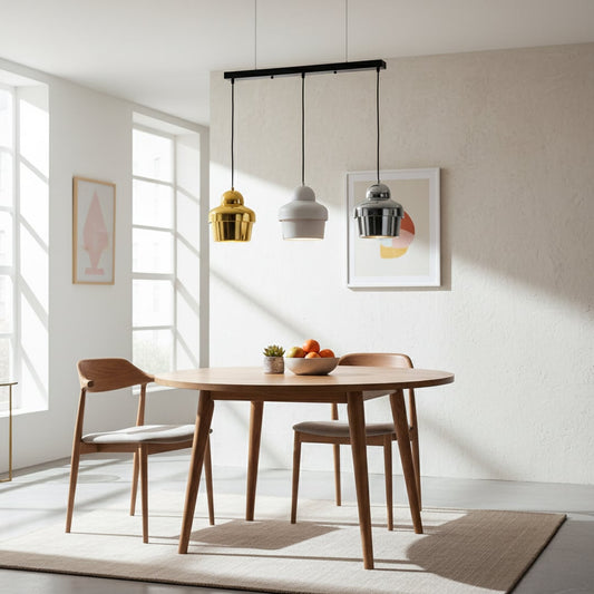 Modern pendant light with gold white and chrome dome shades hanging stylishly for elegant ceiling lighting decor.