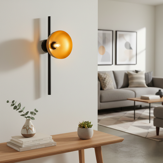 Wall light styled in modern living room above wooden console with gold disc shade and black vertical bar casting warm ambient glow for luxury Decor interiors.