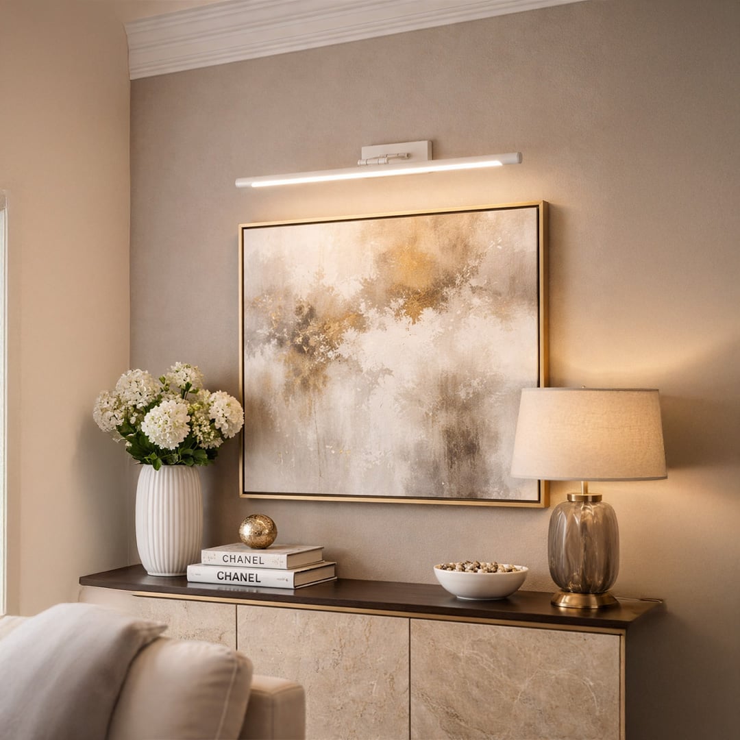 Gold metal picture light enhancing framed artwork with warm focused illumination in a sophisticated bedroom setting.