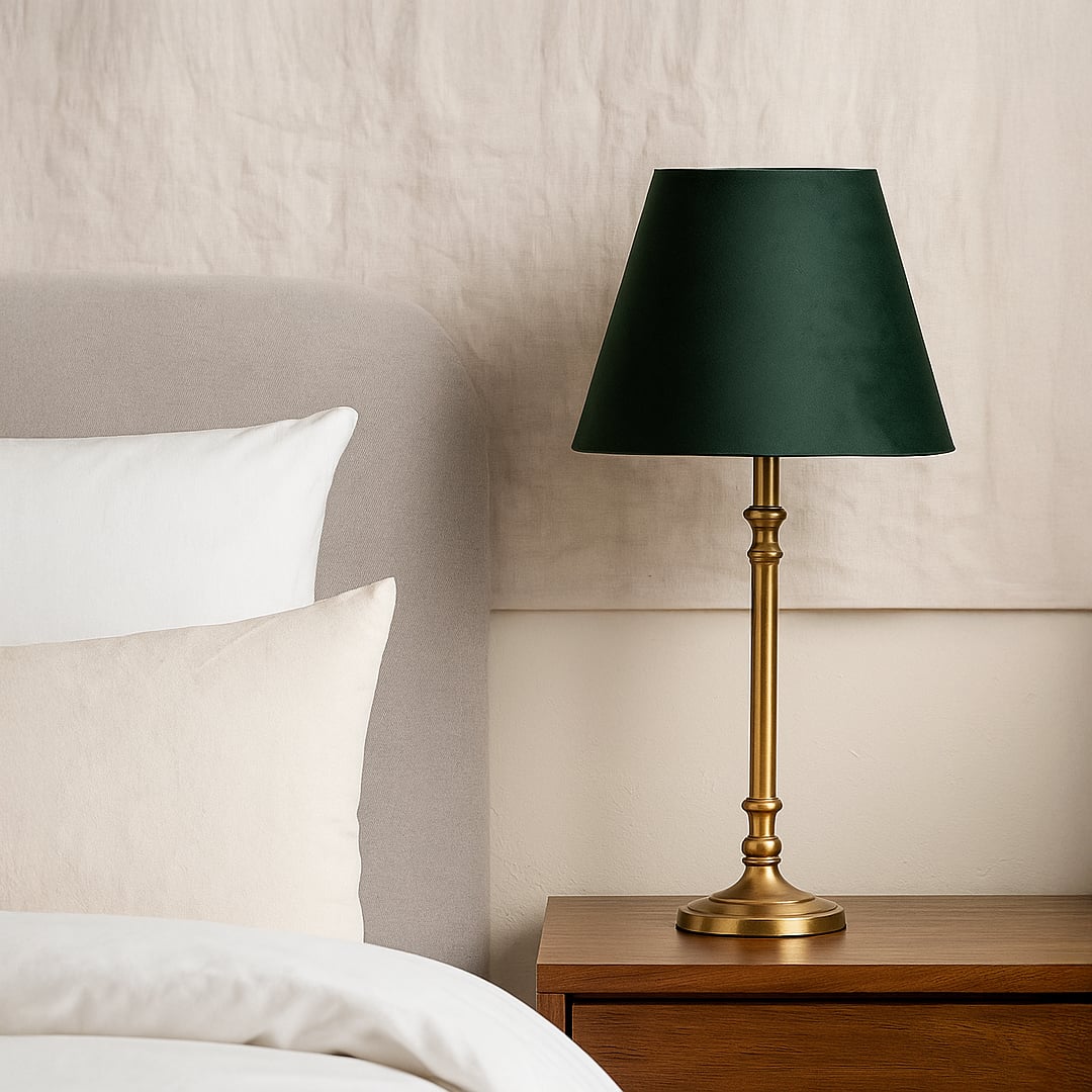 Green tapered lampshade styled in a modern room adding a rich elegant accent while creating a soft warm glow for contemporary decor.