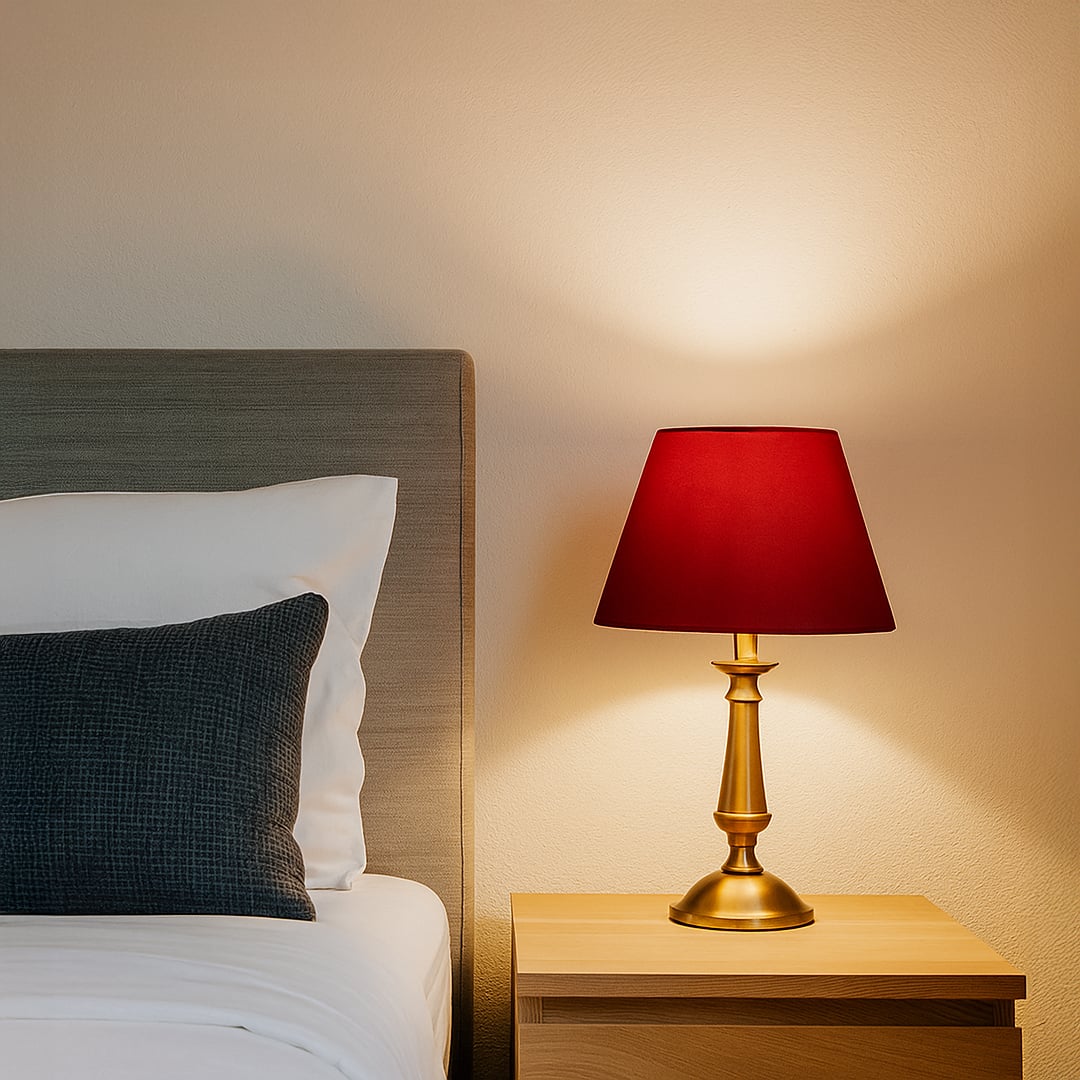 Red tapered lampshade styled in a modern space adding a bold warm accent and creating a soft ambient glow for contemporary room decor.