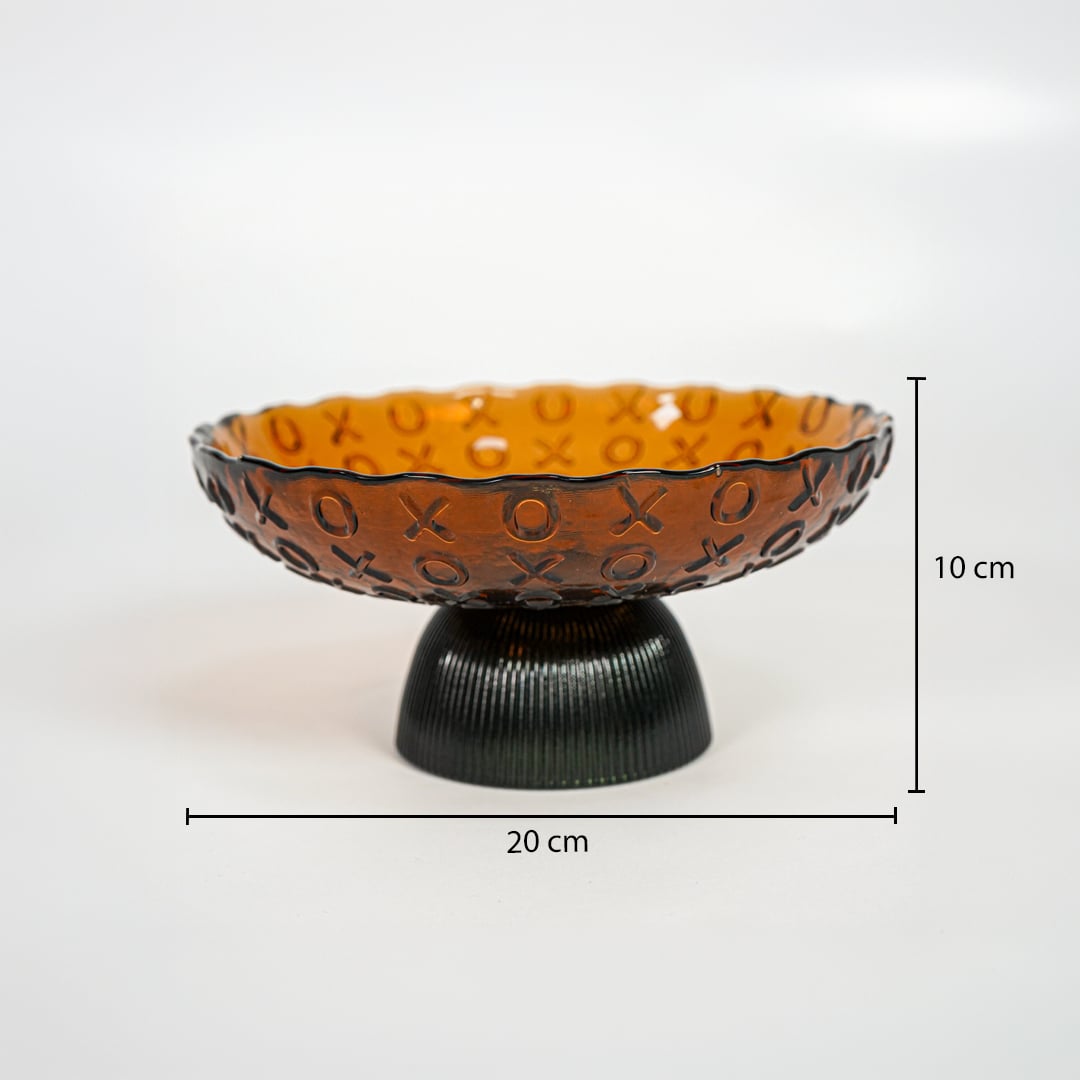 Amber glass decorative bowl with black pedestal base showing product dimensions for modern tabletop decor displays.