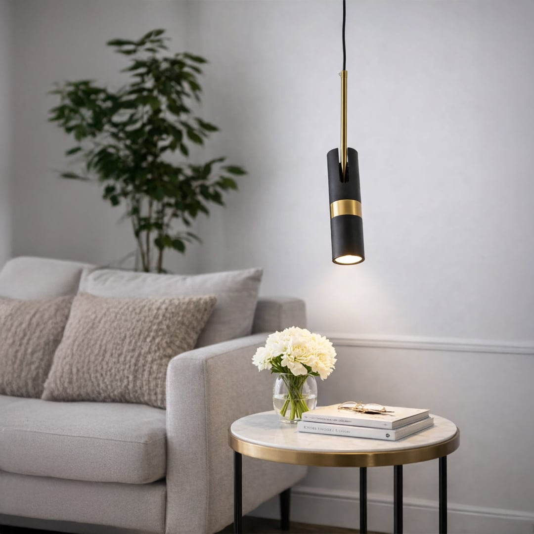 Black metal spotlight pendant light with gold accents enhancing living room decor with modern charm.