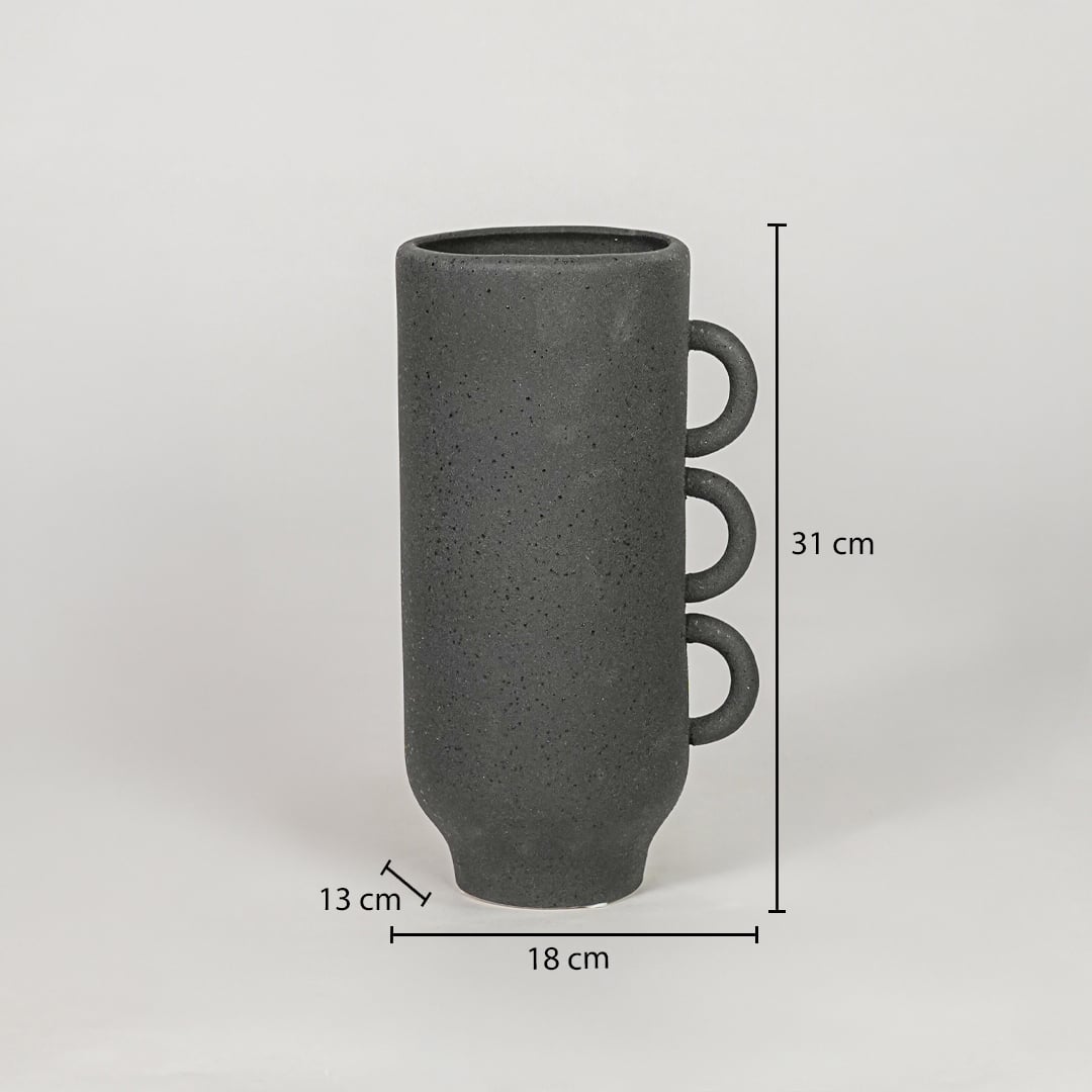 Black ceramic decorative flower vase size 31 cm height 18 cm length 13 cm width matte finish modern home decor vase dimension image.