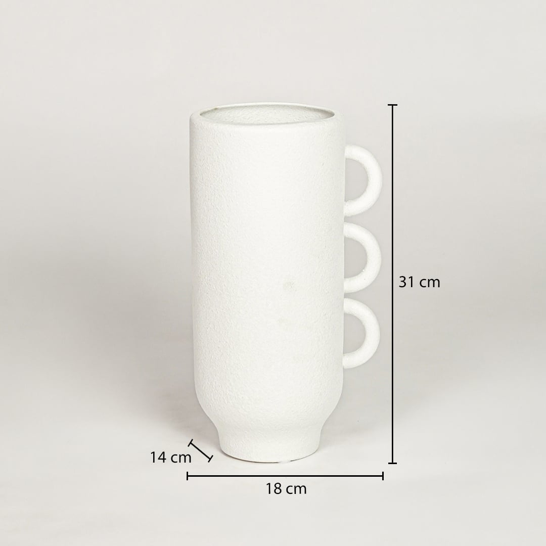 White ceramic decorative vase showing 18 cm width 14 cm depth and 31 cm height ideal for console table decor display.